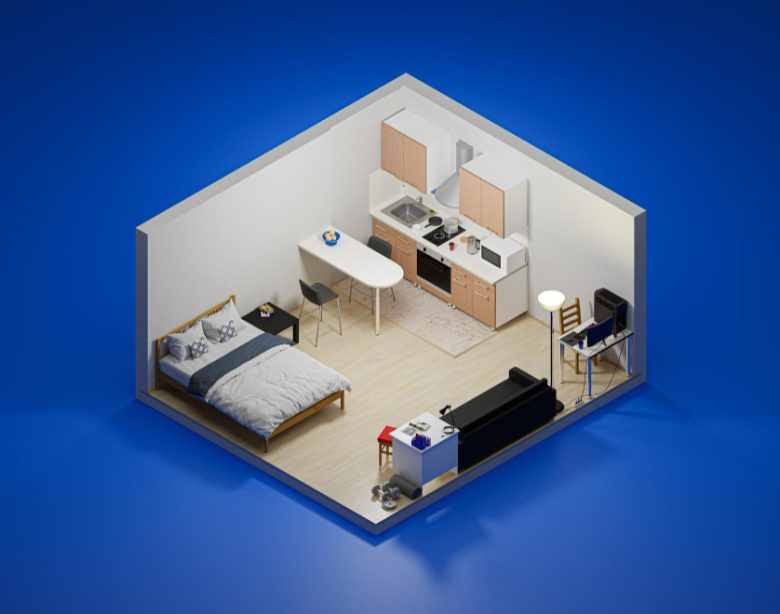 Plan studio 30m2 en 3d pour optimiser l'espace efficacement